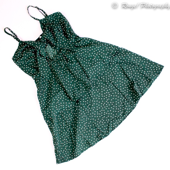 Green Polka Dot Layered Front Tie Cami Mini Dress - Picture 6 of 8